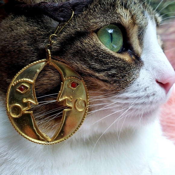 Jewelry - Gold Toned Nepalese Half Moon Faces Hoop Earrings